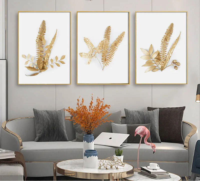 Golden Plant Leaf Canvas Art Print - Nordic Wall Decor