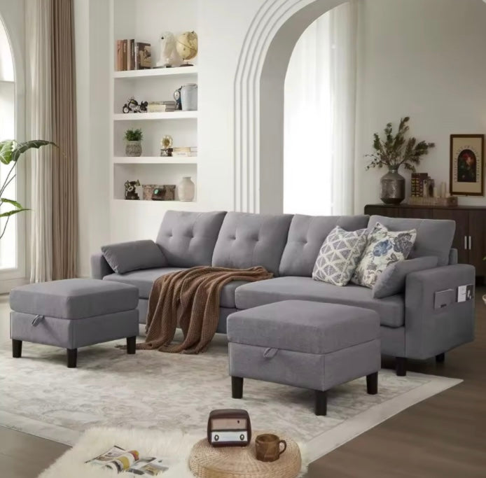 Modular U-Shaped Sofa with Storage - 6-Seater Linen Fabric
