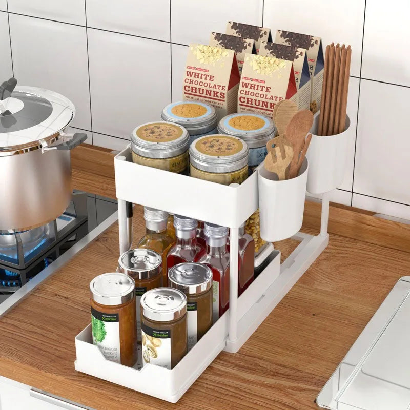 2 Tier Sliding Under Sink Organizer with Hooks
