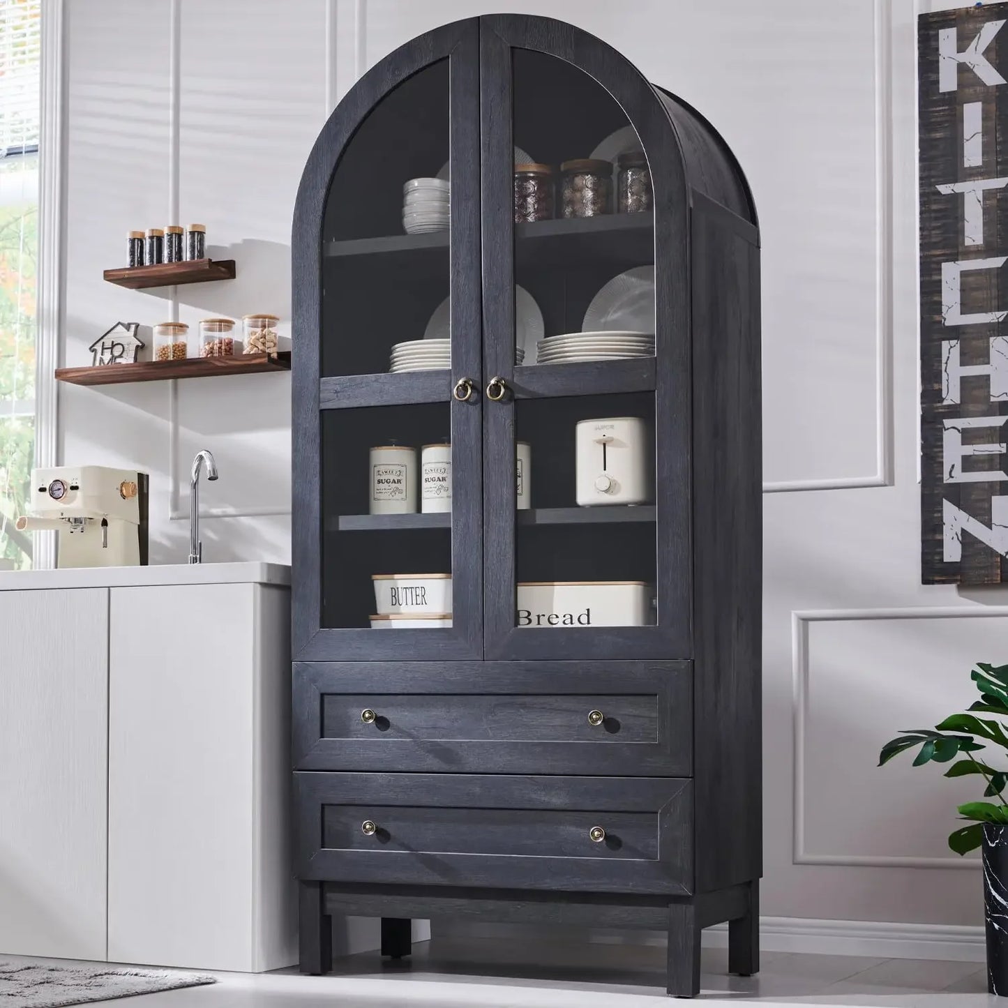 71" Tall Arched Kitchen Pantry Cabinet with Drawers