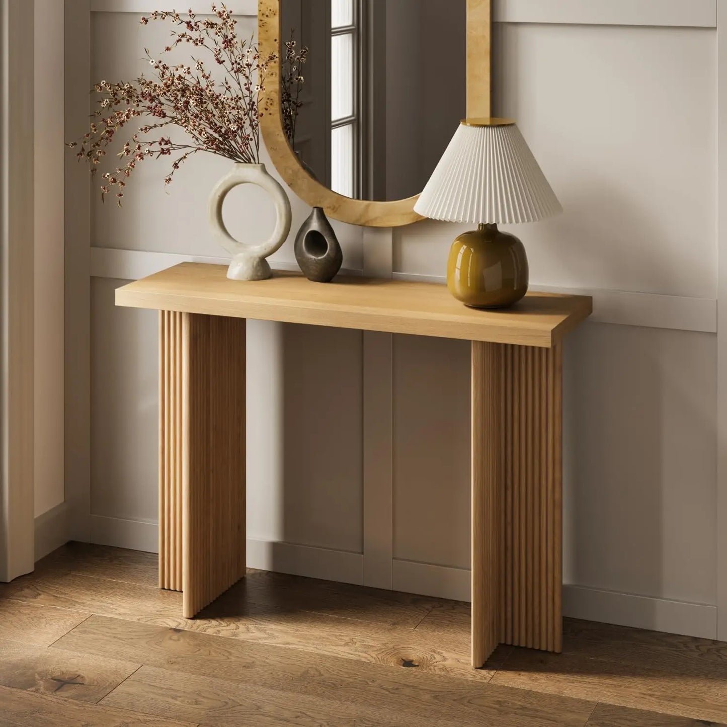 Fluted Console Table - Narrow Entryway Furniture in Natural Oak