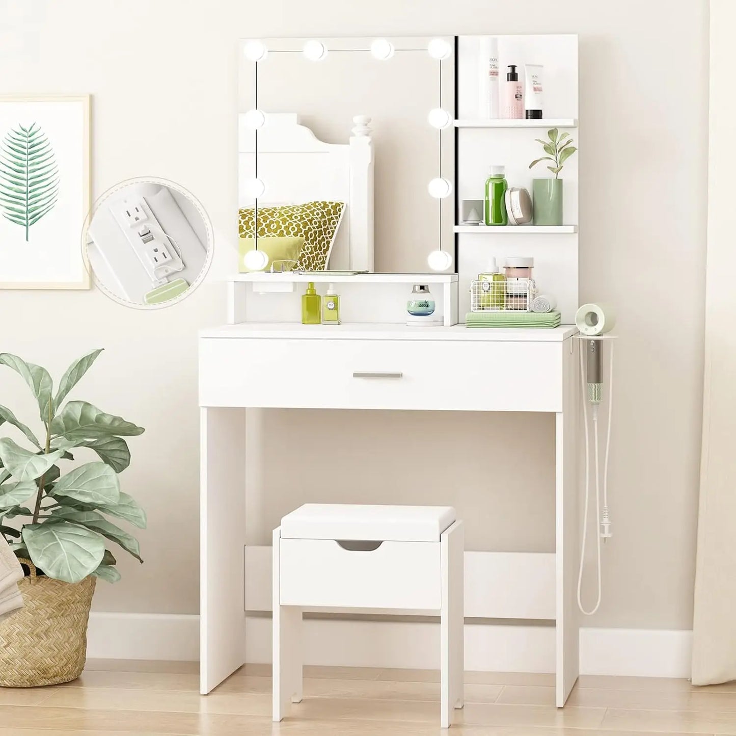Lighted Makeup Vanity Table with Power Strip - White