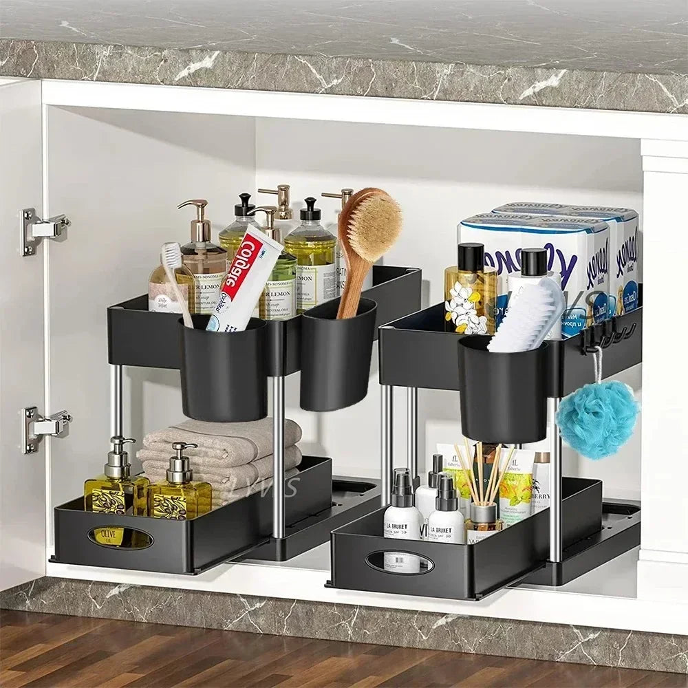 2 Tier Sliding Under Sink Organizer with Hooks