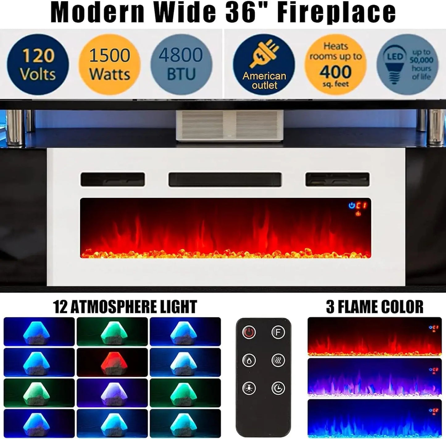 70" Modern High Gloss Fireplace TV Stand with 36" Fireplace