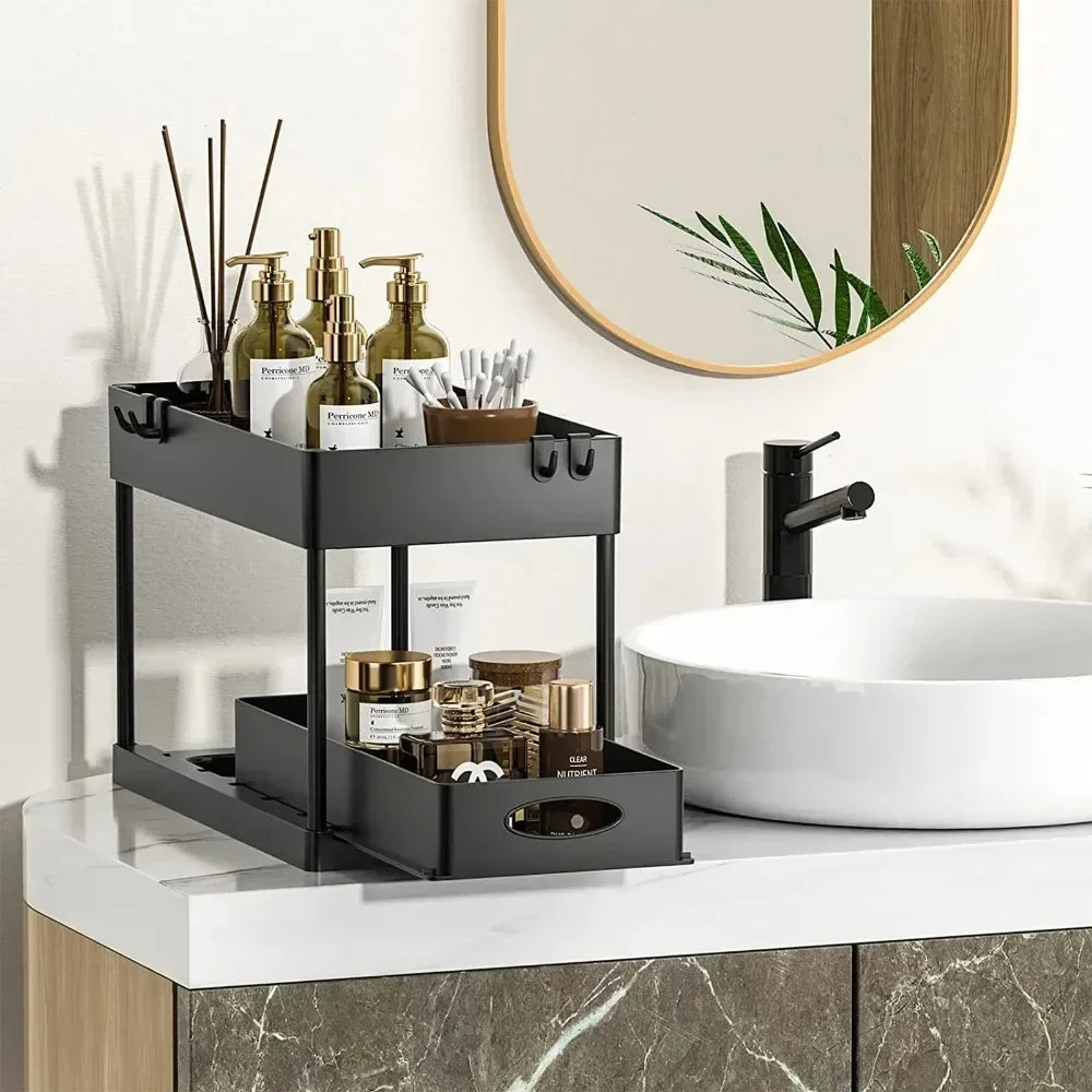 2 Tier Sliding Under Sink Organizer with Hooks