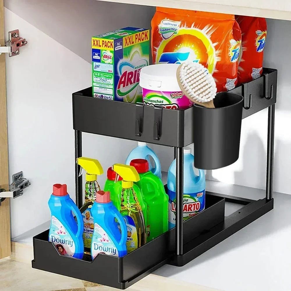 2 Tier Sliding Under Sink Organizer with Hooks