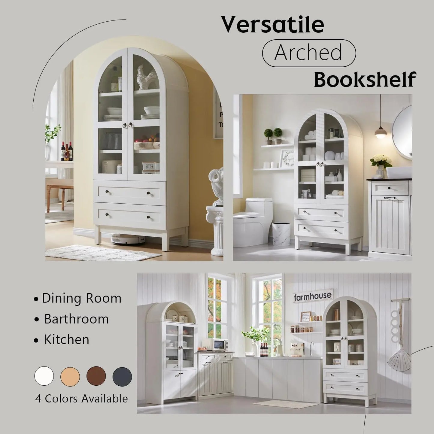 71" Tall Arched Bookshelf with Glass Doors and Drawers