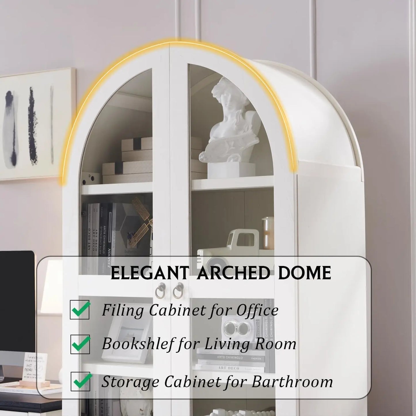 71" Tall Arched Bookshelf with Glass Doors and Drawers