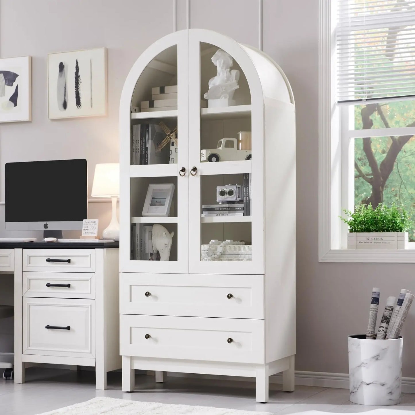 71" Tall Arched Bookshelf with Glass Doors and Drawers