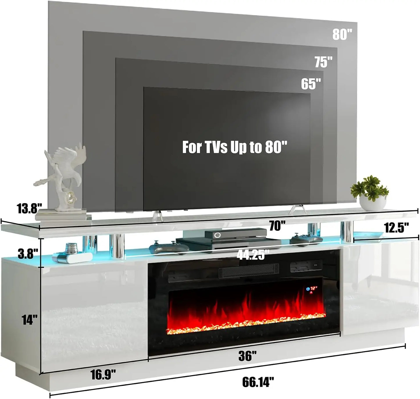70" Modern High Gloss Fireplace TV Stand with 36" Fireplace