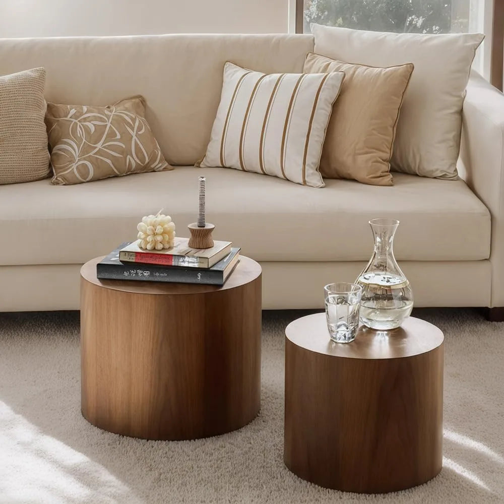 Nesting Coffee Table Set of 2 - Modern Walnut Round Tables