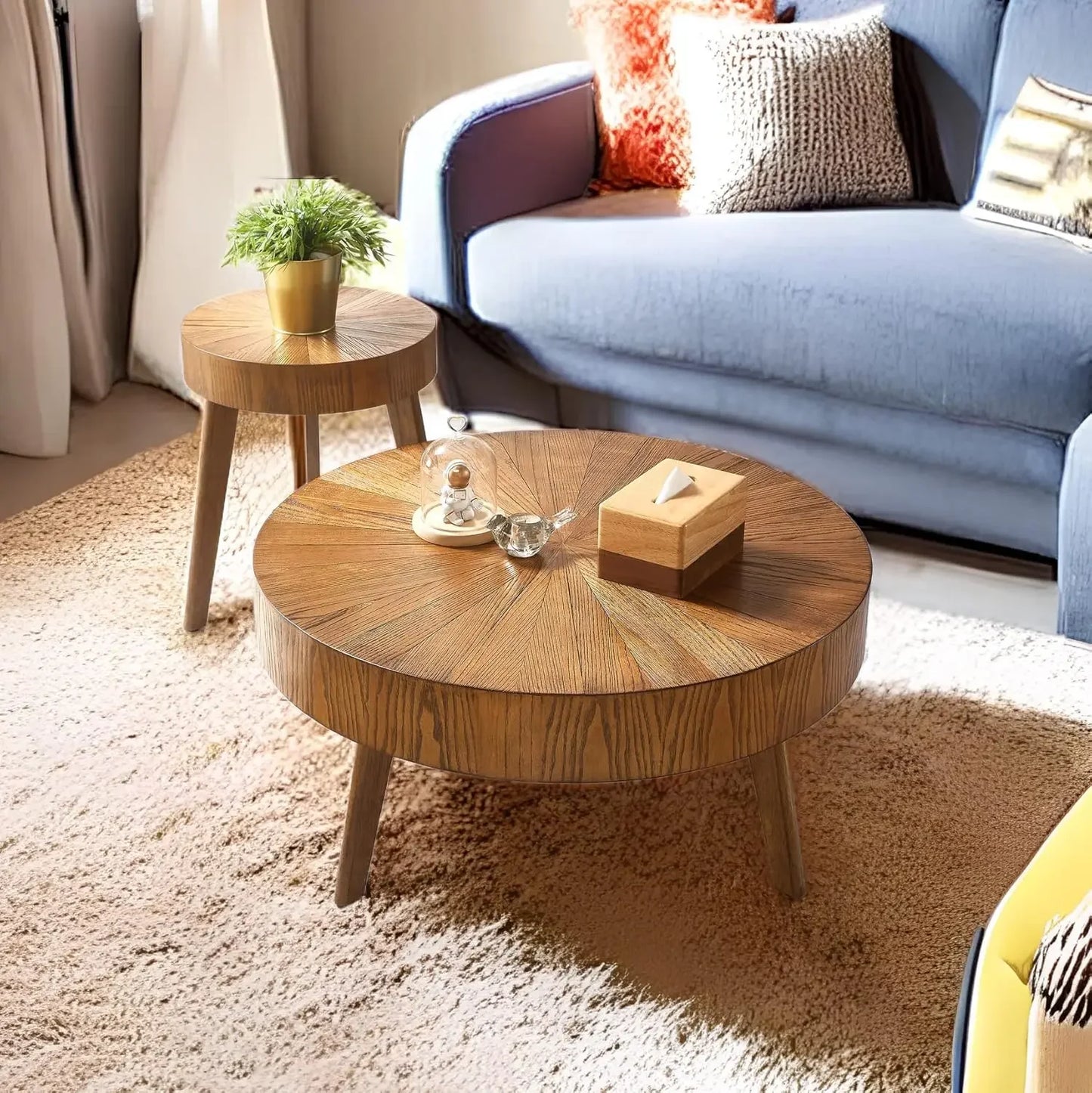 Rustic Solid Wood Coffee Table Set - 2 Piece Round End Tables