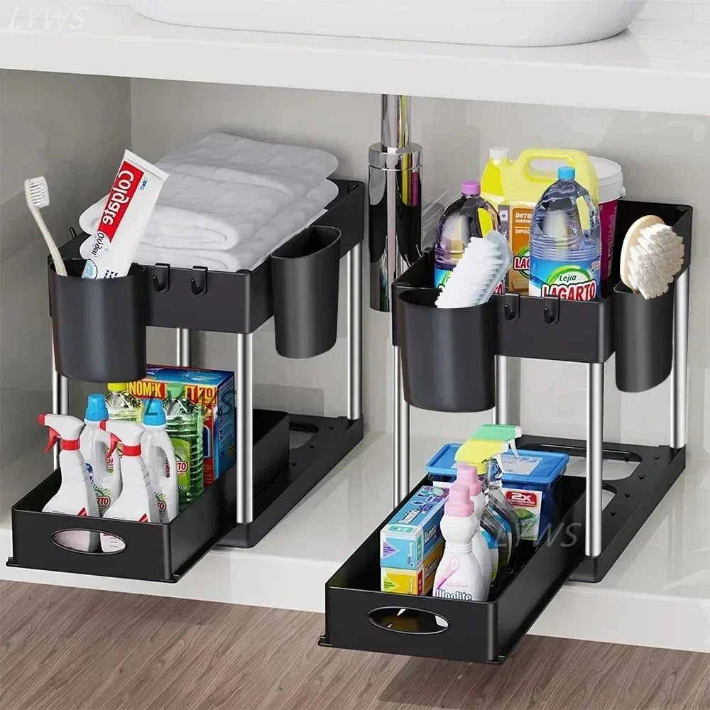 2 Tier Sliding Under Sink Organizer with Hooks