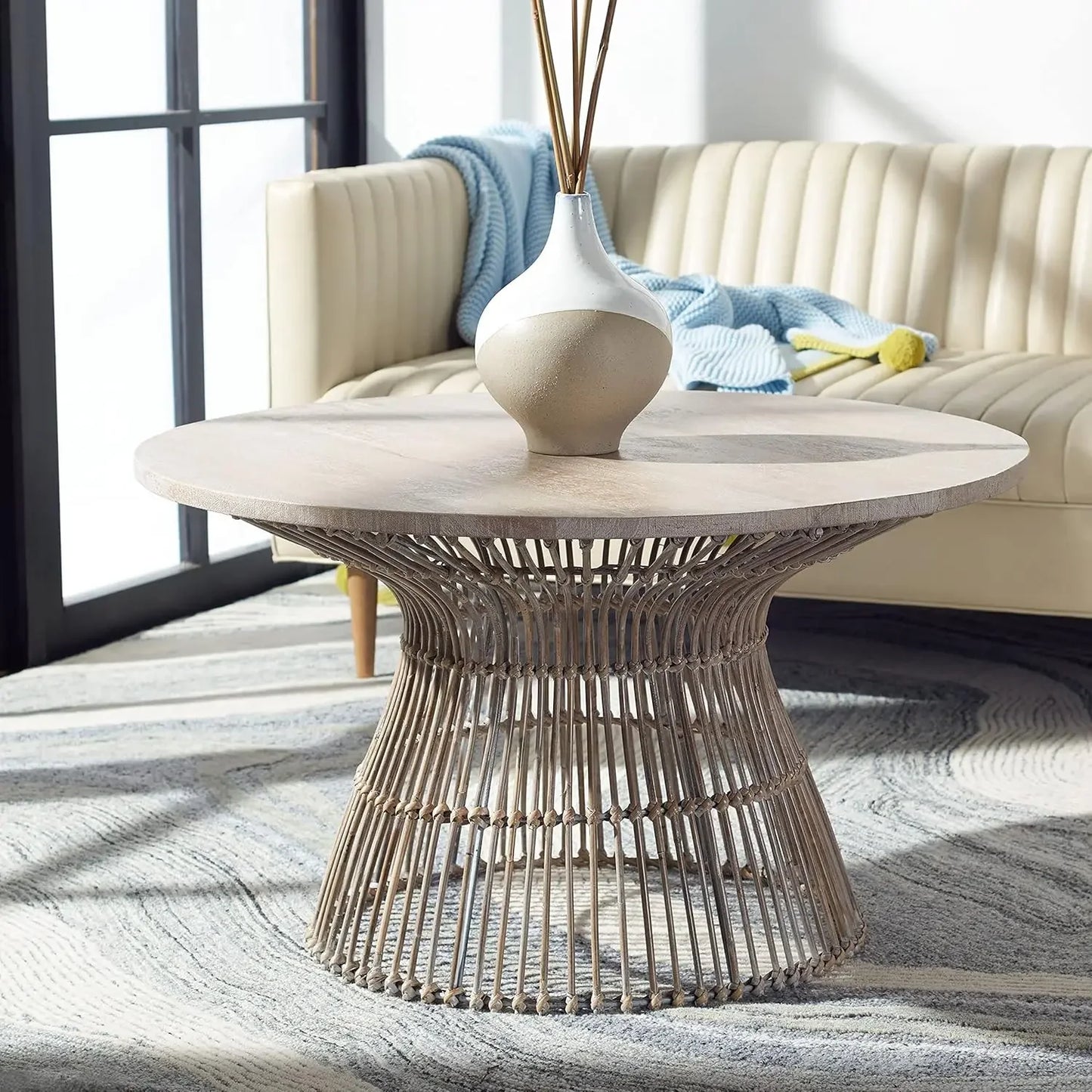 Coastal Grey White Wash & Black Round Coffee Table
