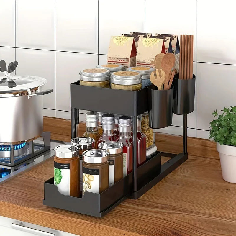 2 Tier Sliding Under Sink Organizer with Hooks