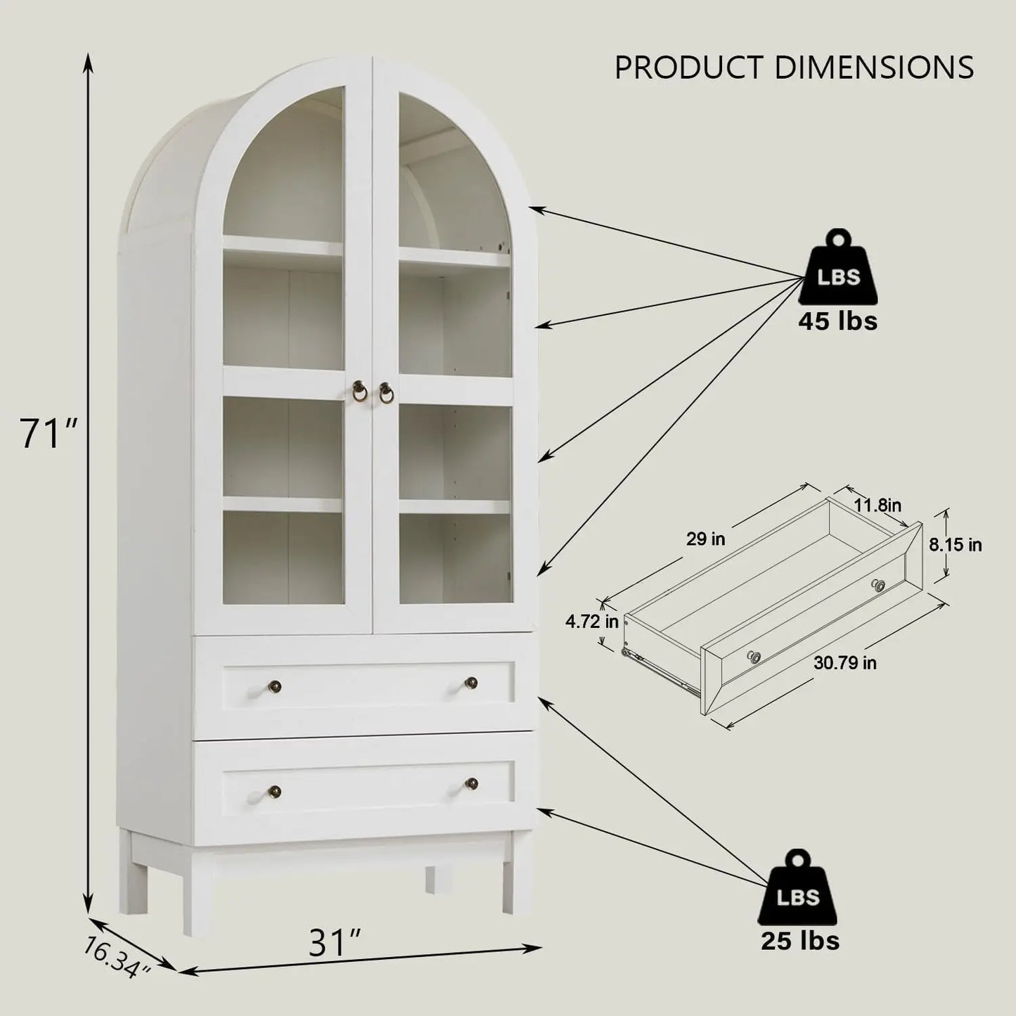 71" Tall Arched Bookshelf with Glass Doors and Drawers