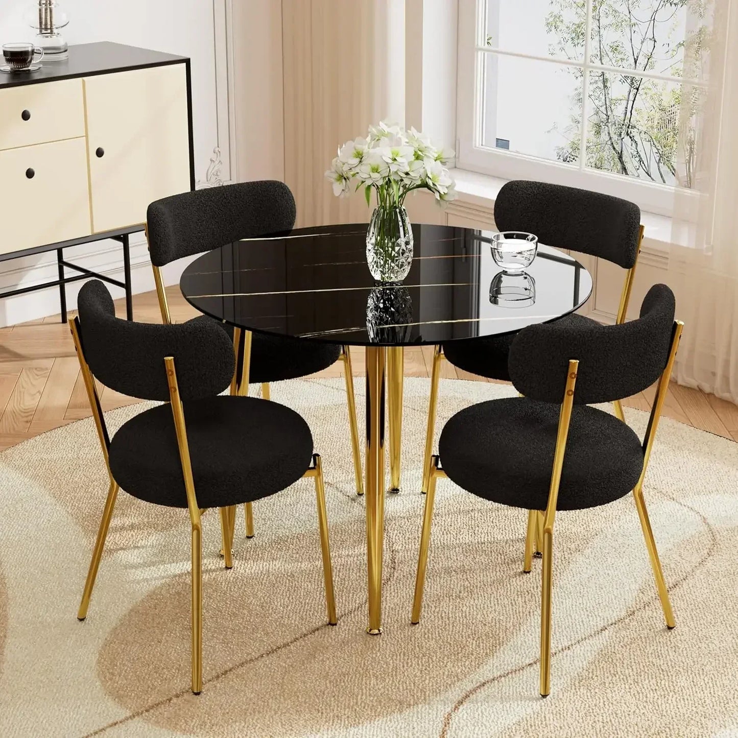 5 Piece Faux Marble Dining Table Set with 4 Boucle Chairs