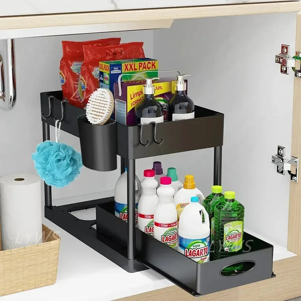 2 Tier Sliding Under Sink Organizer with Hooks