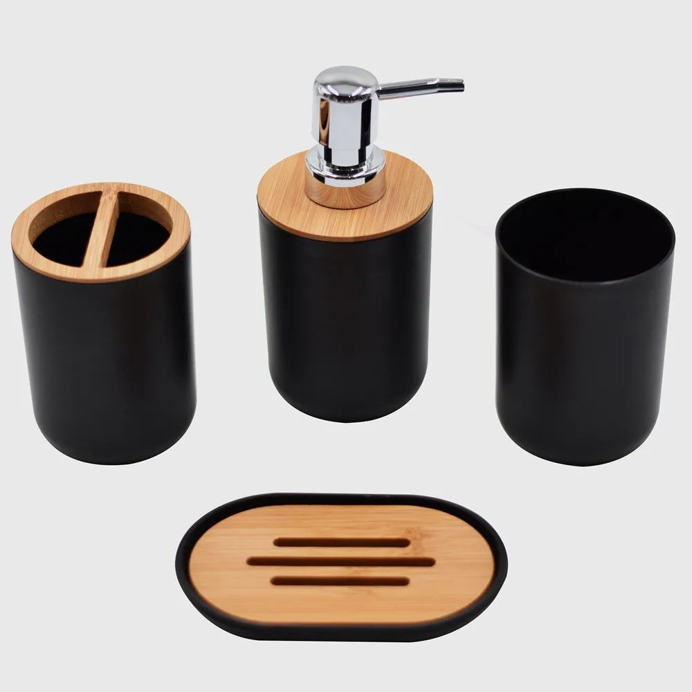 4-Piece Black Bathroom Accessories Set with Bamboo Cover