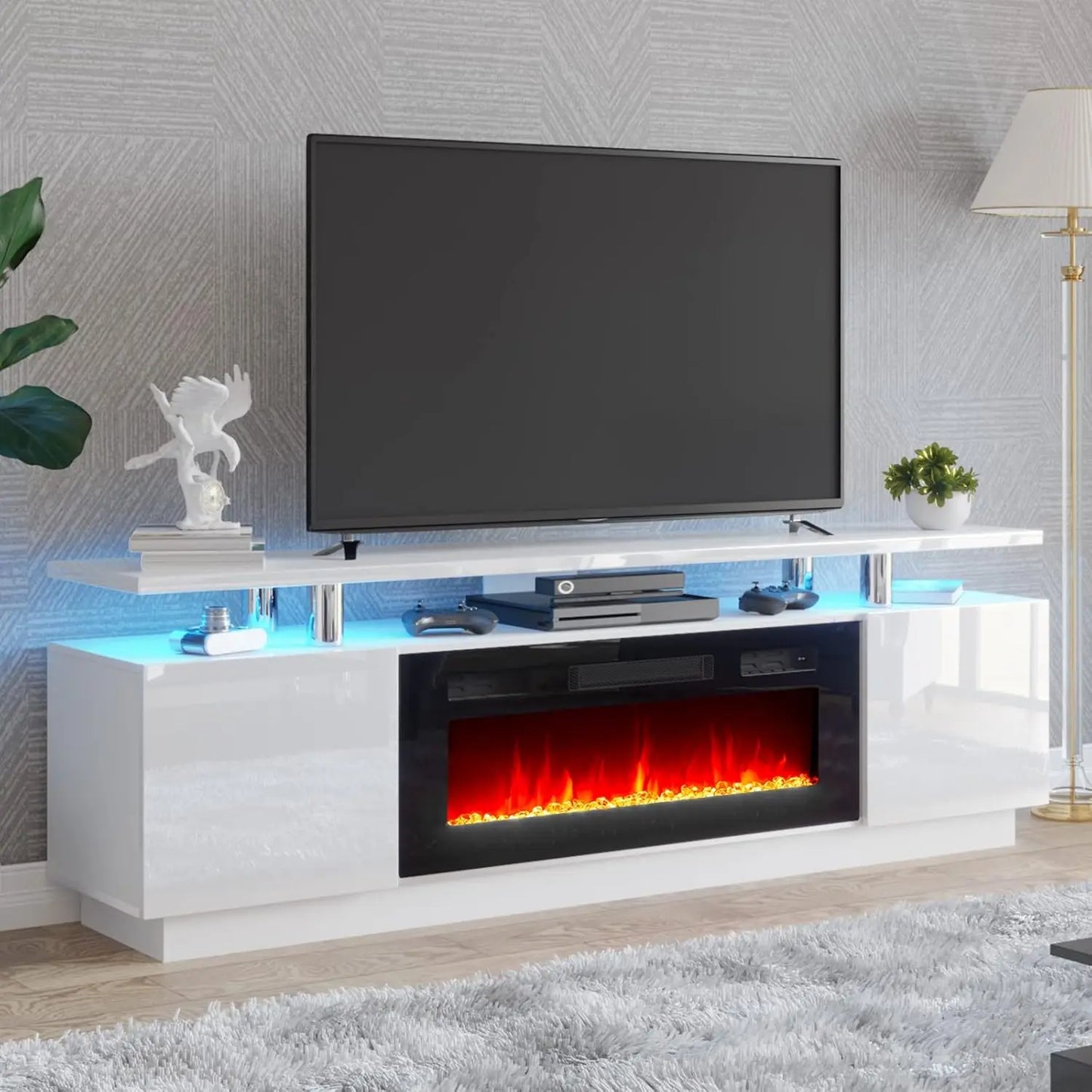 70" Modern High Gloss Fireplace TV Stand with 36" Fireplace