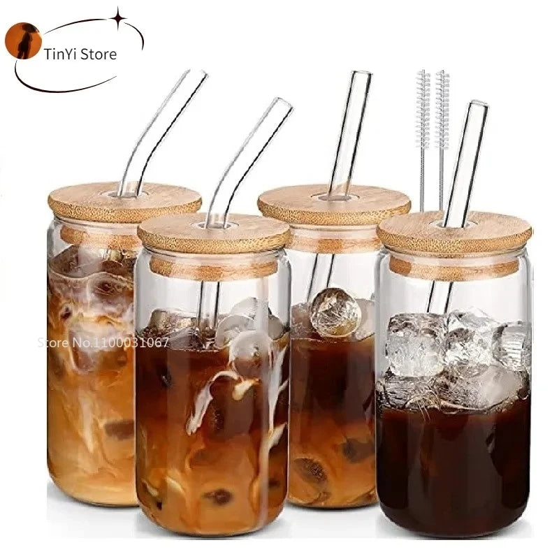 400/500ml Stripes Transparent Drinking Coffee Glass Cup with Lip Straws Wine Milk Beer Cola Juice Cold Drinkware Handmade Can - HOMELIVING