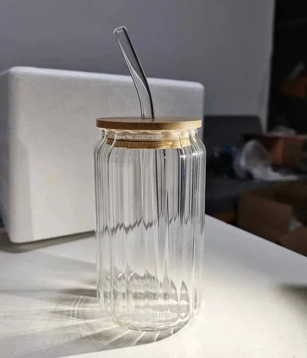 400/500ml Stripes Transparent Drinking Coffee Glass Cup with Lip Straws Wine Milk Beer Cola Juice Cold Drinkware Handmade Can - HOMELIVING