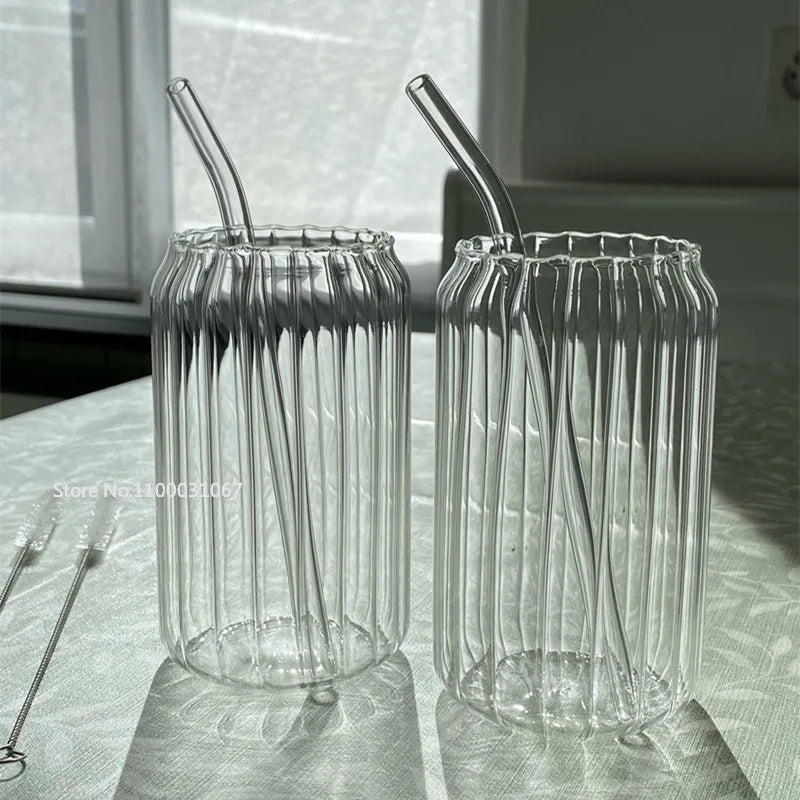 400/500ml Stripes Transparent Drinking Coffee Glass Cup with Lip Straws Wine Milk Beer Cola Juice Cold Drinkware Handmade Can - HOMELIVING