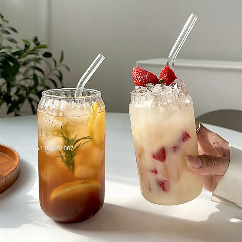 400/500ml Stripes Transparent Drinking Coffee Glass Cup with Lip Straws Wine Milk Beer Cola Juice Cold Drinkware Handmade Can - HOMELIVING