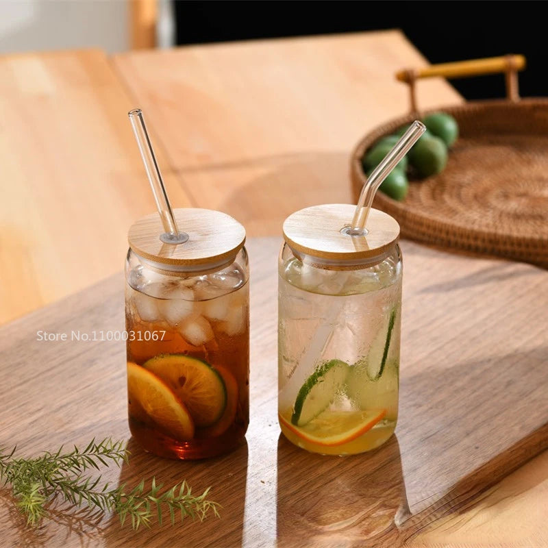 400/500ml Stripes Transparent Drinking Coffee Glass Cup with Lip Straws Wine Milk Beer Cola Juice Cold Drinkware Handmade Can - HOMELIVING