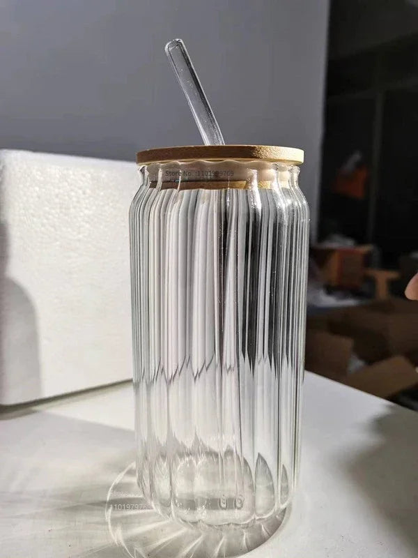 400/500ml Stripes Transparent Drinking Coffee Glass Cup with Lip Straws Wine Milk Beer Cola Juice Cold Drinkware Handmade Can - HOMELIVING