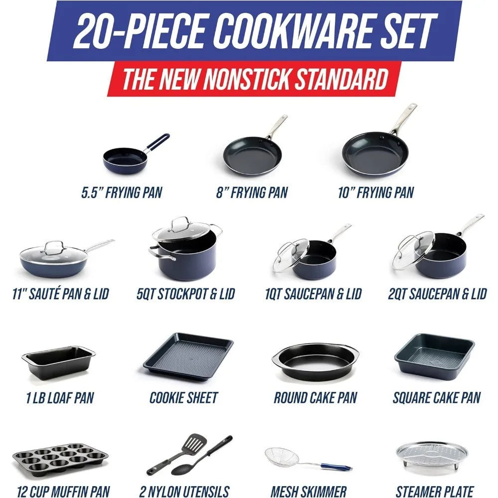 Cookware Diamond Infused Ceramic Nonstick 20 Piece, PFAS-Free, Dishwasher Safe, Oven Safe, Cookware Bakeware Pots and Pans Set - HOMELIVING