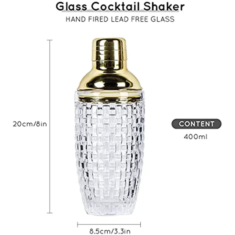 Glass Cocktail Shaker Kit 13Ounce Martini Mocktail Making Set with Leakproof Metallic Steel Lid&Strainer for Home Use 3 colors - HOMELIVING