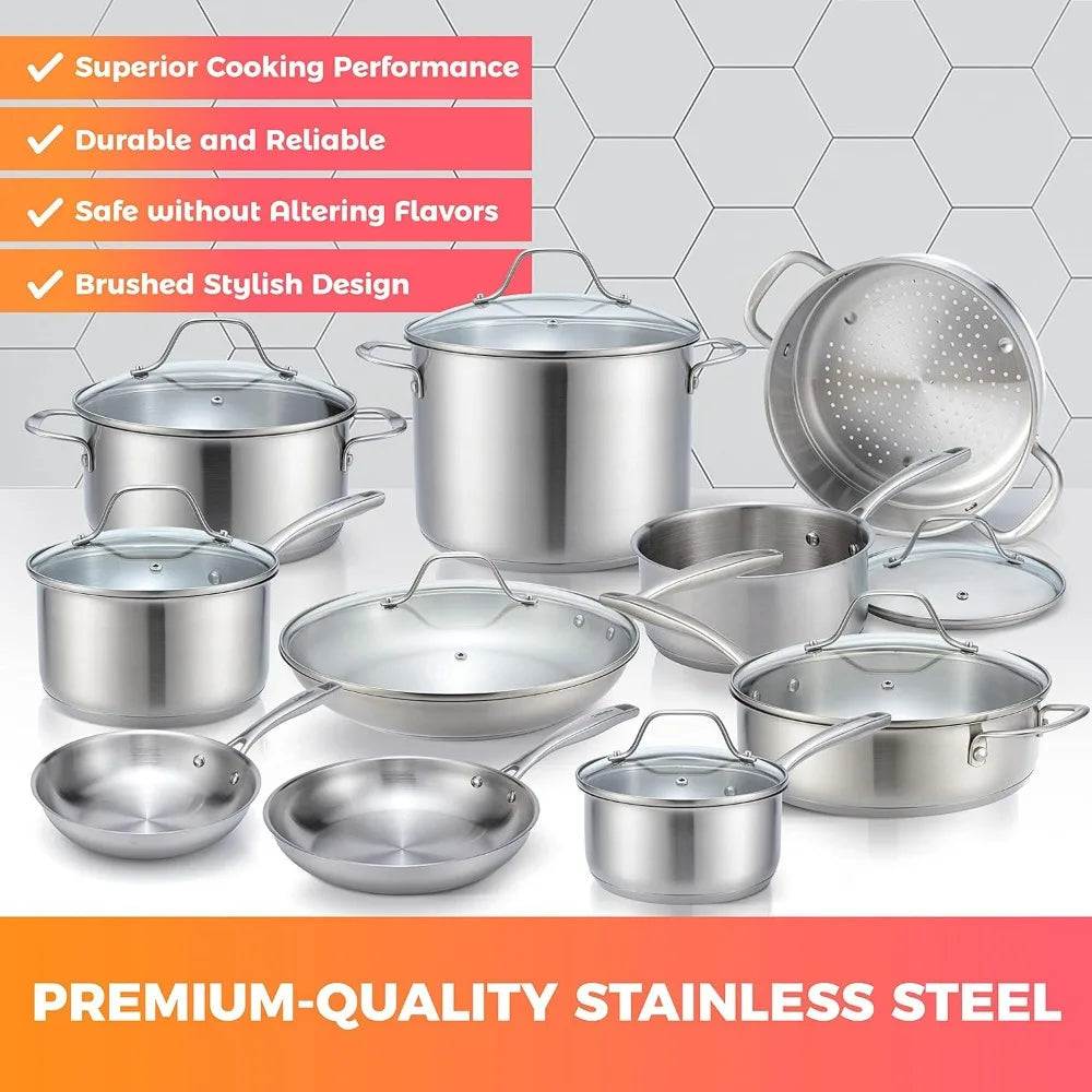 Pots and Pans Set 17-Piece, Ultra-Clad Pro Stainless Steel Cookware Set, Includes Saucepans, Skillets, Dutch Oven More, Cookware - HOMELIVING
