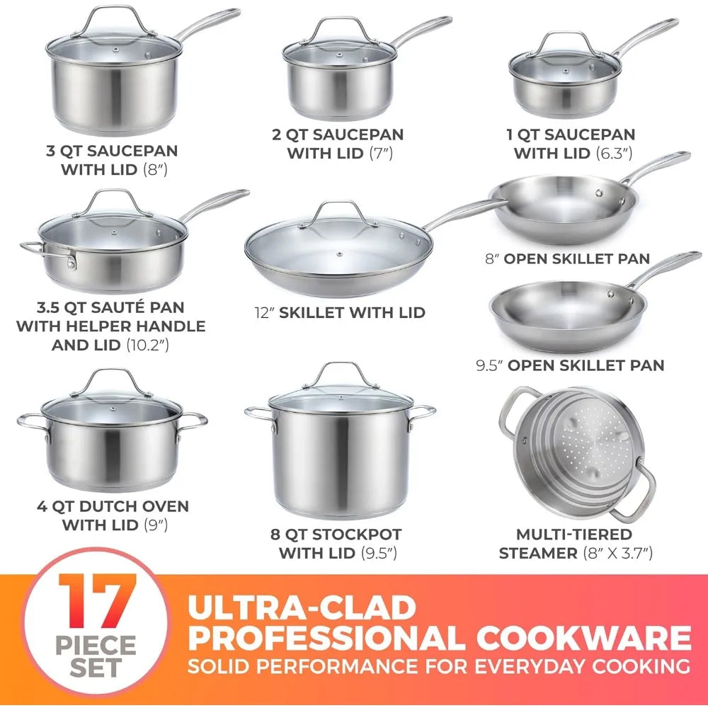 Pots and Pans Set 17-Piece, Ultra-Clad Pro Stainless Steel Cookware Set, Includes Saucepans, Skillets, Dutch Oven More, Cookware - HOMELIVING