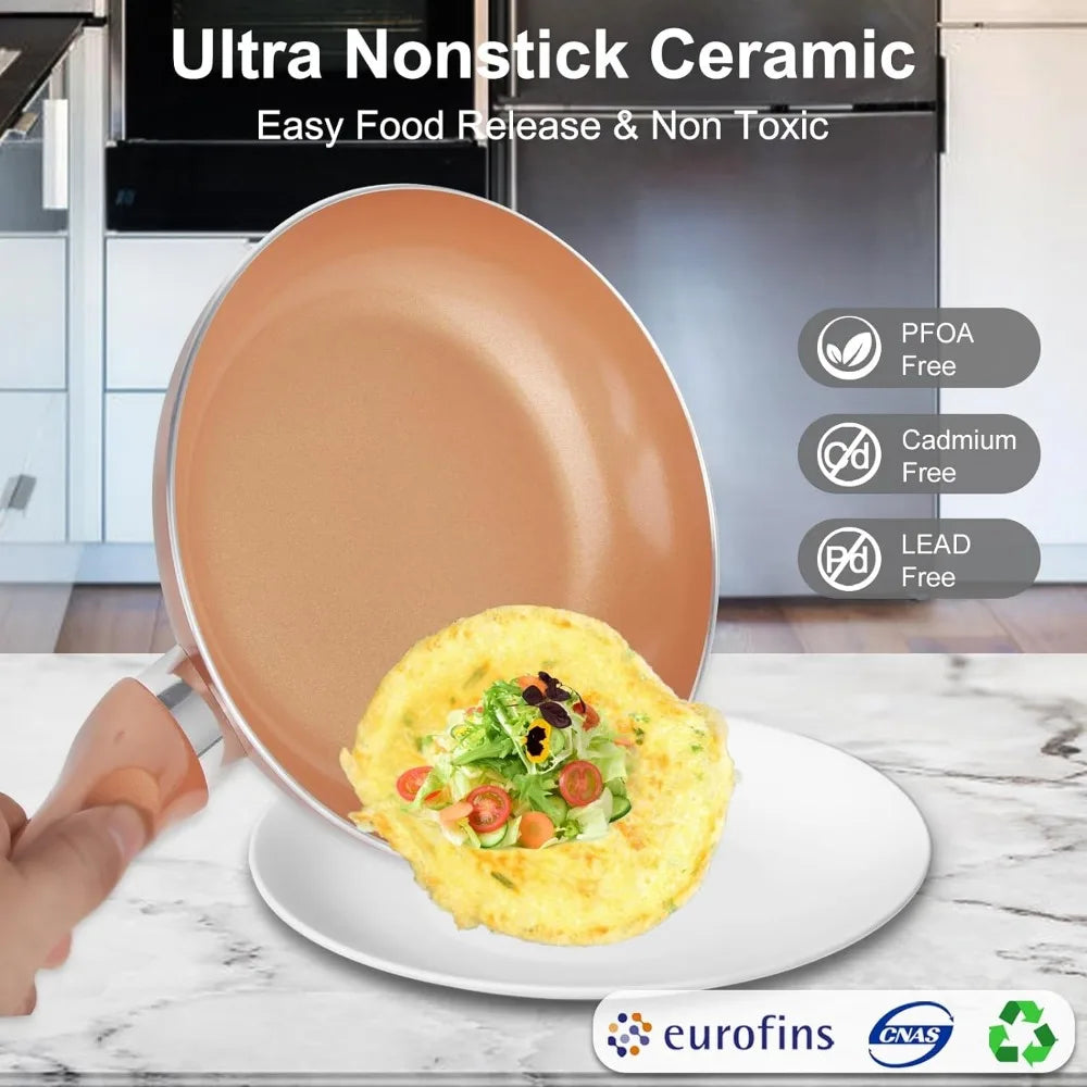 Pots and Pans Set Ultra Nonstick, Pre-Installed 11pcs Cookware Set Copper with Ceramic Coating, Stay cool handle - HOMELIVING