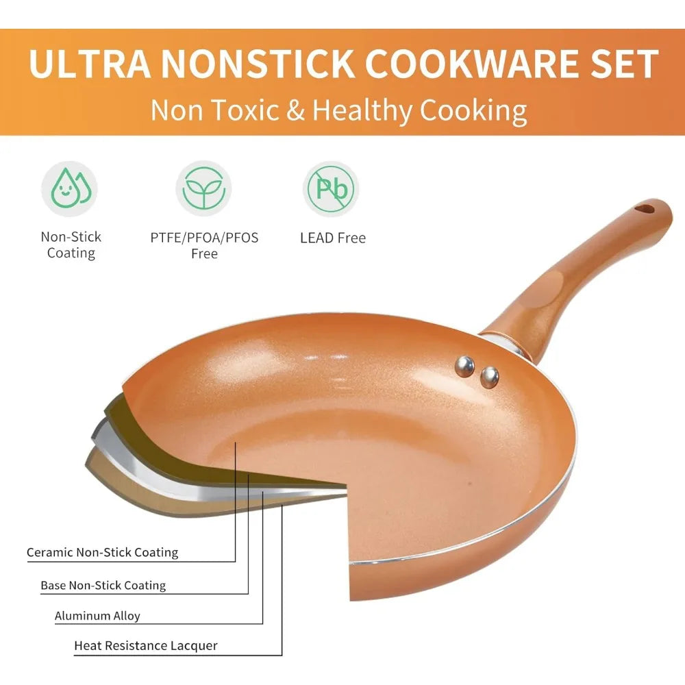 Pots and Pans Set Ultra Nonstick, Pre-Installed 11pcs Cookware Set Copper with Ceramic Coating, Stay cool handle - HOMELIVING