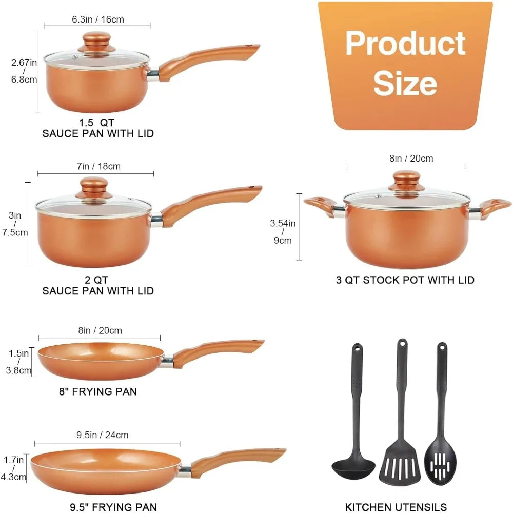 Pots and Pans Set Ultra Nonstick, Pre-Installed 11pcs Cookware Set Copper with Ceramic Coating, Stay cool handle - HOMELIVING