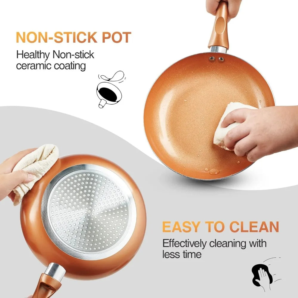 Pots and Pans Set Ultra Nonstick, Pre-Installed 11pcs Cookware Set Copper with Ceramic Coating, Stay cool handle - HOMELIVING