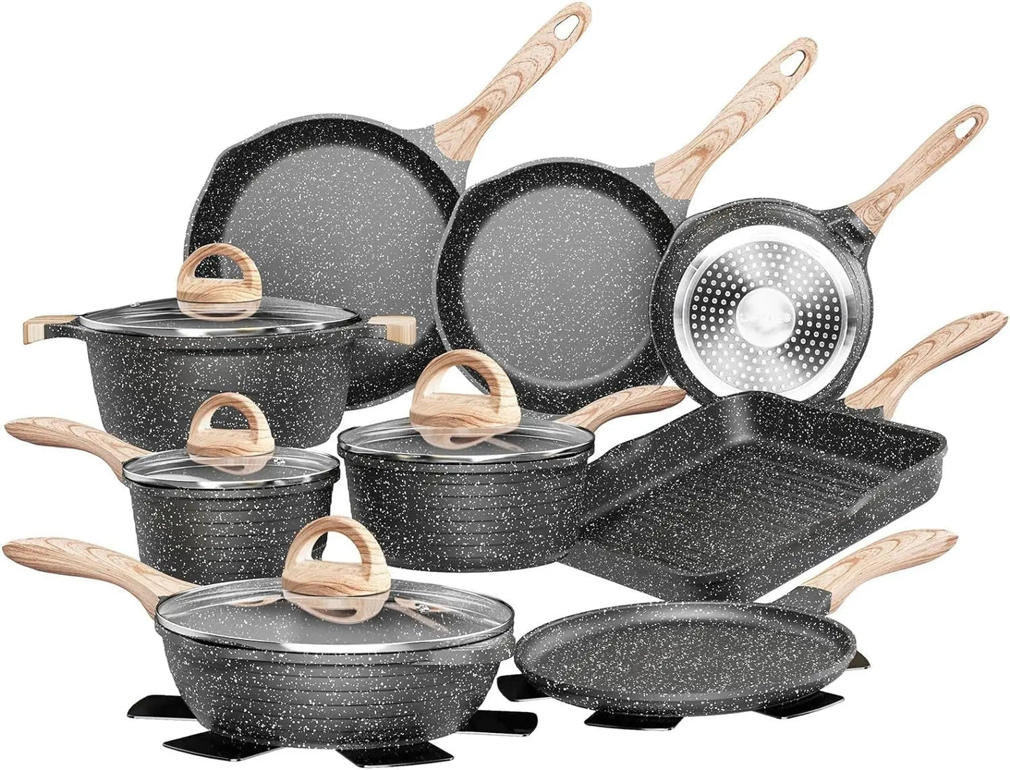 Pots and Pans Set Nonstick 23pcs, Induction Cooking Set W/Gray Granite Stone Frying Pans, Saucepans, Sauté Pan More, Cookware - HOMELIVING