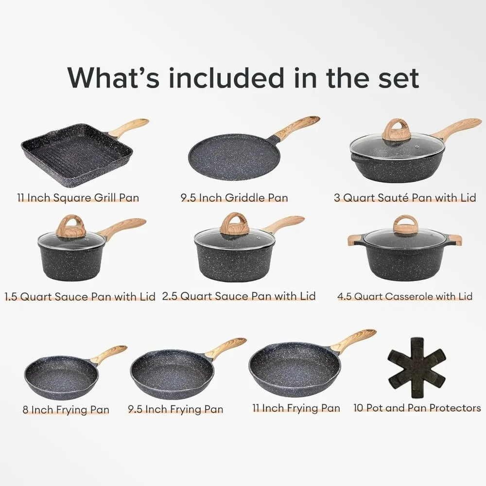 Pots and Pans Set Nonstick 23pcs, Induction Cooking Set W/Gray Granite Stone Frying Pans, Saucepans, Sauté Pan More, Cookware - HOMELIVING