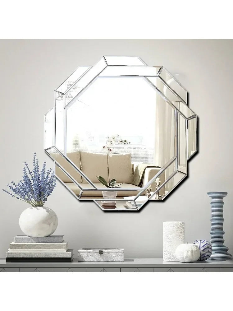 31.5X31.5 inches Frameless Beveled Wall Decorating Mirror, Silver Polished HFY Hexagon Decorative Mirror. - HOMELIVING