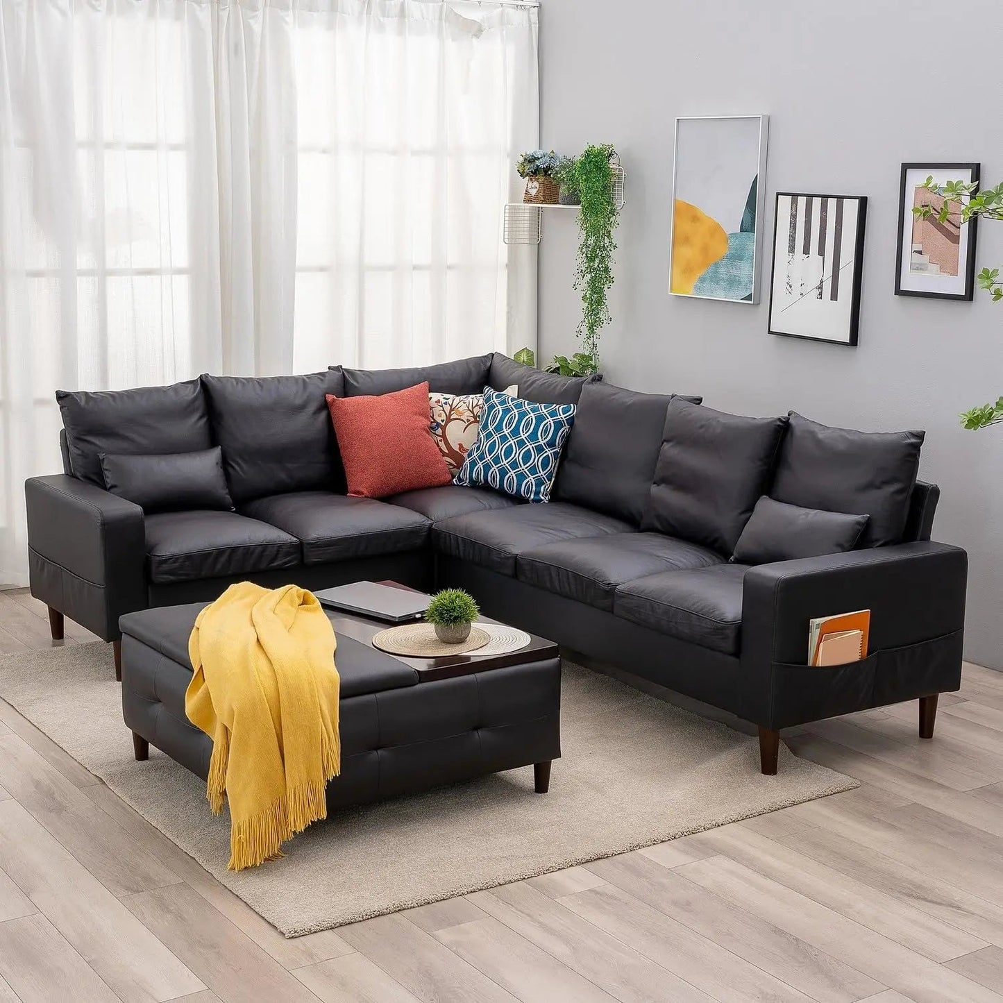Sectional Sofa Couch, Seat L-Shaped Couch with Ottoman Set, Modern Fabric Couches for Living Room, Office, Small Space - HOMELIVING