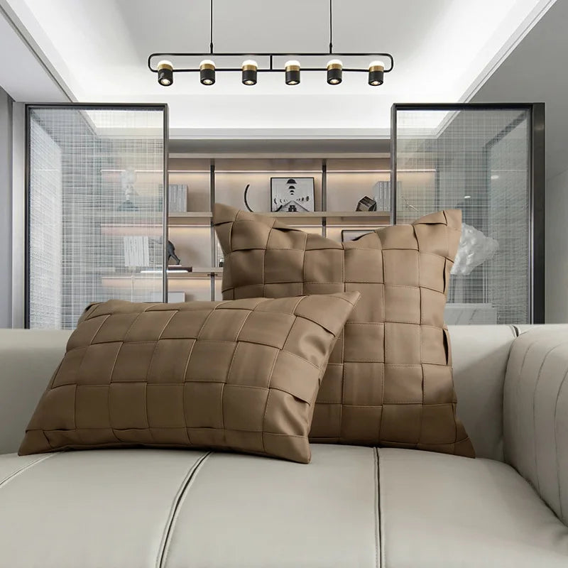 Light Coffee Color Woven Pattern PU Leather Cushion Cover