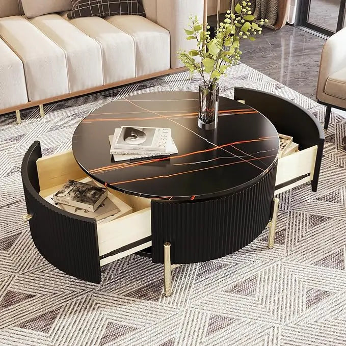 Coffee Table with Drawers Round Drum with Golden Legs Circular Center Tables with Marble Pattern Top, Coffee Table - HOMELIVING