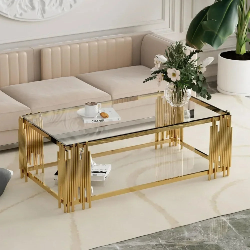 Coffee Table, Modern Living Room Table, Gold Legs, 51 Inch Rectangular Clear Tempered Glass Material Coffee Table - HOMELIVING