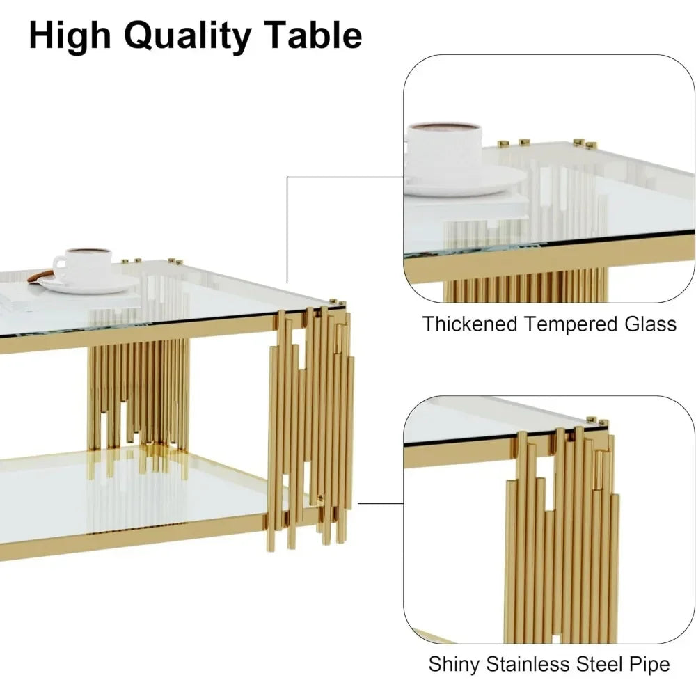 Coffee Table, Modern Living Room Table, Gold Legs, 51 Inch Rectangular Clear Tempered Glass Material Coffee Table - HOMELIVING