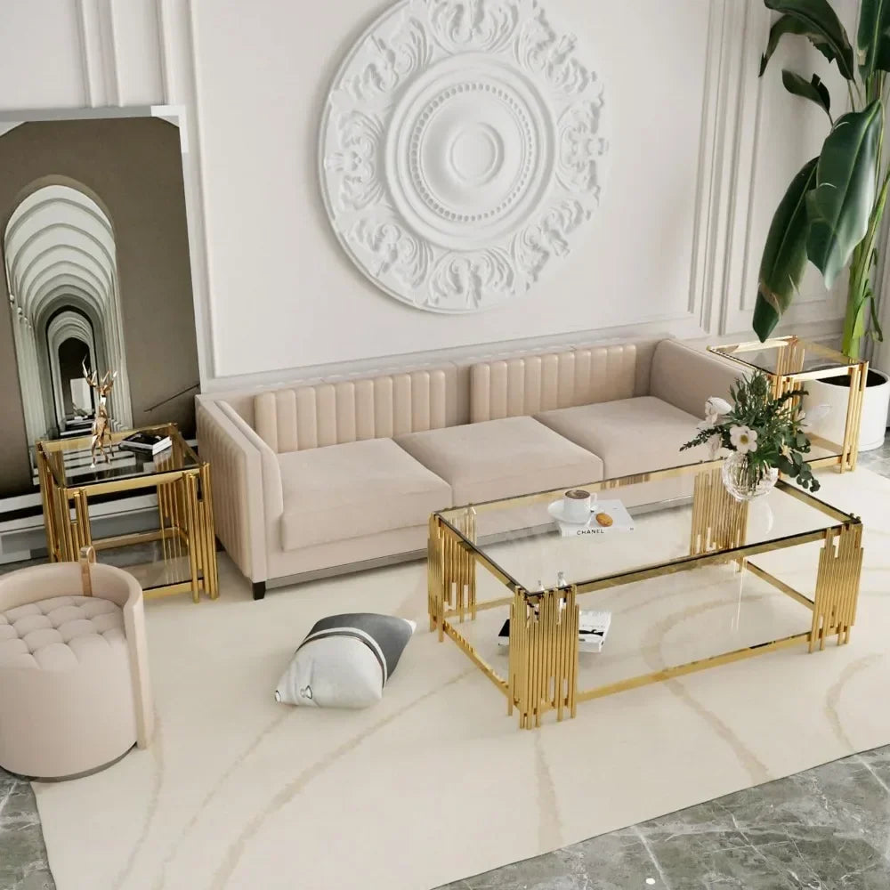 Coffee Table, Modern Living Room Table, Gold Legs, 51 Inch Rectangular Clear Tempered Glass Material Coffee Table - HOMELIVING