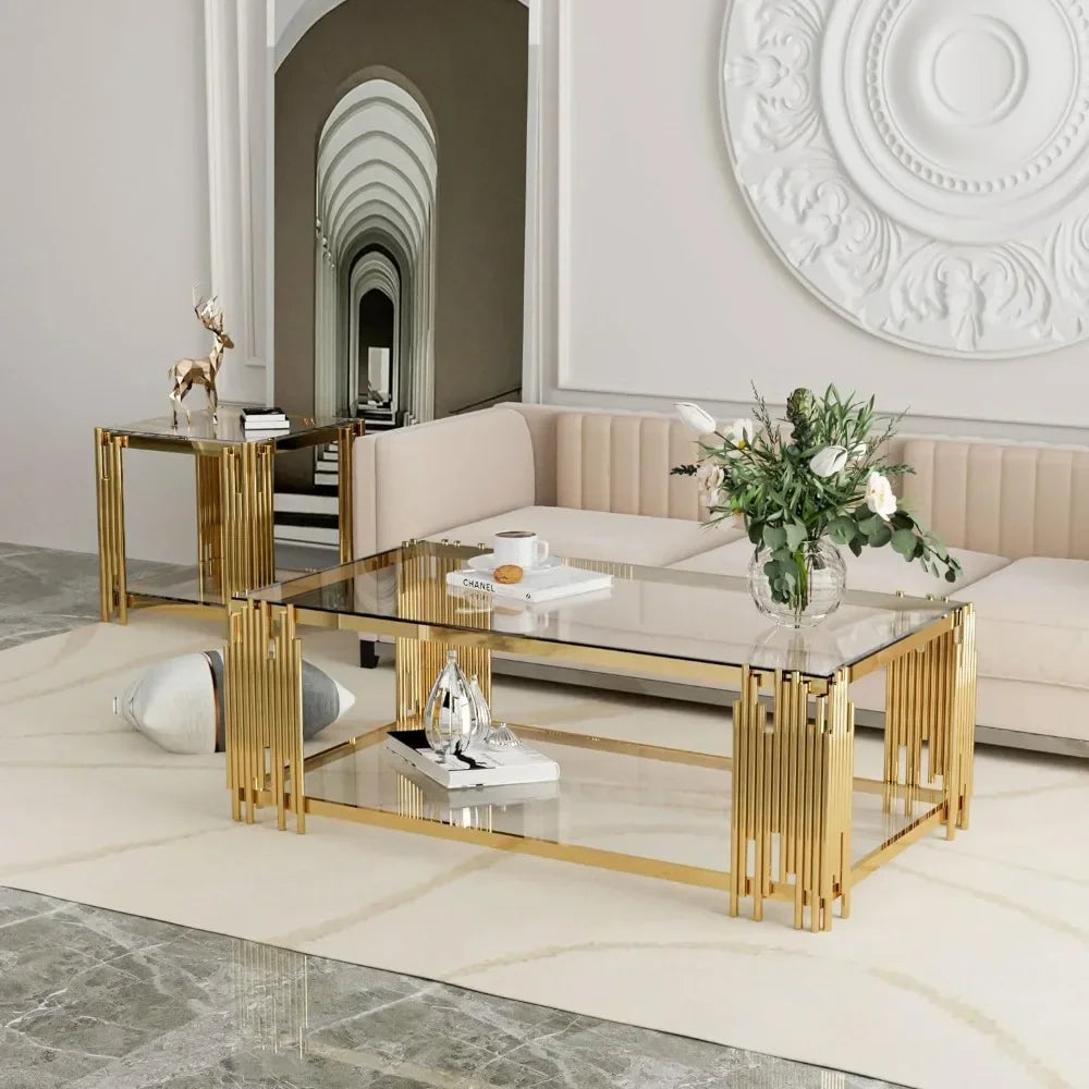 Coffee Table, Modern Living Room Table, Gold Legs, 51 Inch Rectangular Clear Tempered Glass Material Coffee Table - HOMELIVING