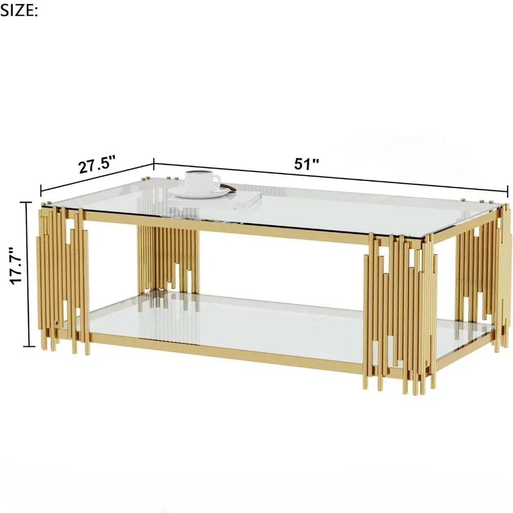 Coffee Table, Modern Living Room Table, Gold Legs, 51 Inch Rectangular Clear Tempered Glass Material Coffee Table - HOMELIVING