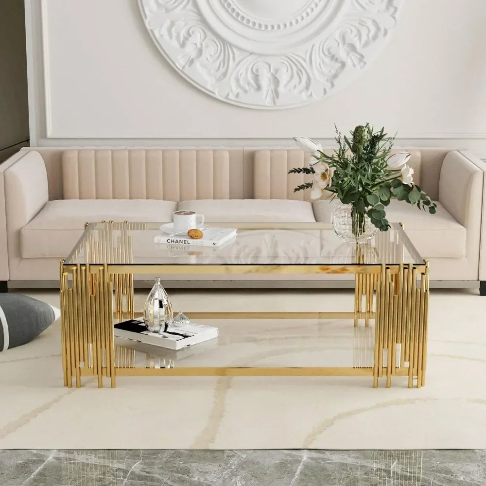 Coffee Table, Modern Living Room Table, Gold Legs, 51 Inch Rectangular Clear Tempered Glass Material Coffee Table - HOMELIVING